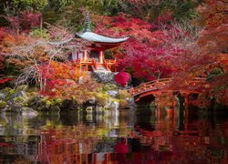Świątynia, Benten-do, Kompleks, Daigo-ji, Ogród, Park, Most, Staw, Drzewa, Jesień, Kioto, Japonia