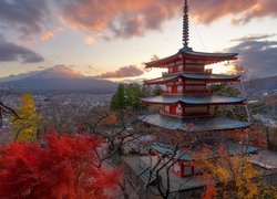 Świątynia, Chureito Pagoda, Góra, Fudżi, Mount Fuji, Drzewa, Jesień, Miasto Fujiyoshida, Prefektura Yamanashi, Wyspa Honsiu, Japonia