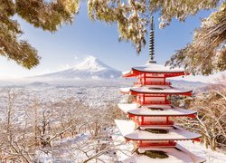 Japonia, Wyspa Honsiu, Prefektura Yamanashi, Miasto Fujiyoshida, Świątynia Chureito Pagoda, Góra Fudżi, Drzewa, Śnieg, Zima