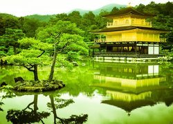 Park, Staw, Drzewa, Świątynia Kinkaku-ji, Złoty Pawilon, Kioto, Japonia