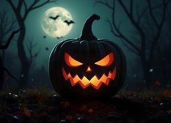 Dynia, Księżyc, Drzewa, Halloween, Grafika