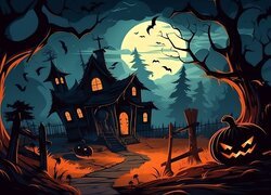 Halloween, Noc, Księżyc, Pochylony, Dom, Świecąca, Dynia, Droga, Drzewa, Ptaki