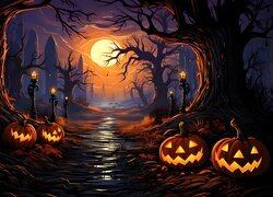 Dynie, Droga, Drzewa, Latarnie, Księżyc, Noc, Halloween, Grafika