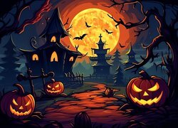 Halloween, Noc, Księżyc, Domy, Świecące, Dynie, Drzewa, Ptaki, Nietoperze, Droga