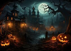 Halloween, Grafika, Noc, Domy, Księżyc, Drzewa, Dynie