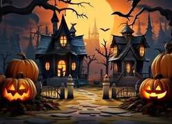 Dynie, Domy, Księżyc, Halloween, Grafika
