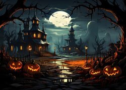 Dynie, Drzewa, Zamki, Noc, Grafika, Halloween