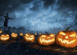 Latarnie, Dynie, Pole, Halloween, Grafika