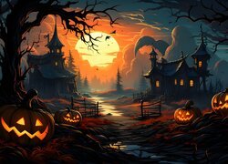 Grafika, Halloween, Noc, Księżyc, Droga, Dynie, Domy, Drzewa