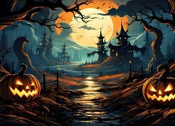 Dynie, Drzewa, Noc, Zamki, Halloween, Grafika