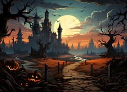 Halloween, Dynie, Droga, Drzewa, Zamek, Księżyc, Grafika