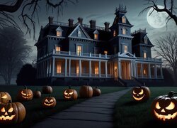 Halloween, Noc, Dom, Świecące, Dynie, Droga, Drzewa, Księżyc
