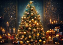 Boże Narodzenie, Choinka, Prezenty, Świece, Grafika