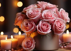 Świece obok różowych róż w wazonie