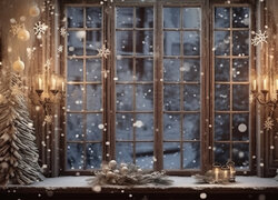 Świeczniki i choinki na parapecie okna