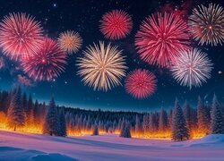 Sylwester, Las, Zima, Drzewa, Fajerwerki, Grafika