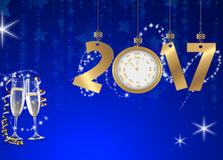 Sylwestrowo-noworoczna grafika z zegarem i szampanem