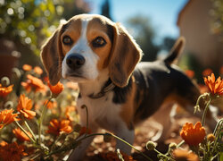 Beagle, Pies, Szczeniak, Kwiaty, Grafika