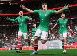 Szczęśliwi piłkarze w zielonych strojach na boisku z gry FIFA 23