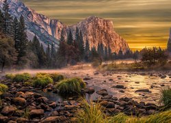 Góry, Szczyt El Capitan, Rzeka Merced, Kamienie, Rośliny, Drzewa, Mgła, Park Narodowy Yosemite, Kalifornia, Stany Zjednoczone