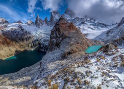 Park Narodowy Los Glaciares, Argentyna, Patagonia, Góry, Szczyt Fitz Roy, Laguna de Los Tres, Jezioro Sucia, Jeziora, Śnieg, Chmury, Odbicie