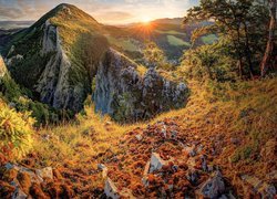 Góry, Sulowskie Wierchy, Szczyt Velky Manin, Jesień, Skały, Drzewa, Promienie słońca, Słowacja