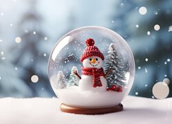 Szklana kula z bałwankiem i choinką na śniegu