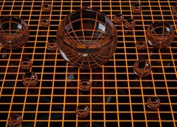 Szklane kule na siatce w grafice 3D
