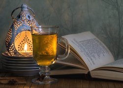 Książka, Szklanka, Herbata, Lampion