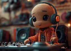 Szmaciana lalka przy pulpicie jako DJ