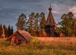 Rosja, Obwód archangielski, Cerkiew, Szopa, Drzewa, Łąka