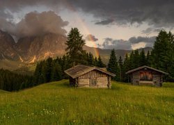 Góry, Góra Peitlerkofel, Dolomity, Drzewa, Szopa, Tęcza Chmury, Południowy Tyrol, Włochy