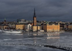 Szwecja, Sztokholm, Zima, Domy, Kościół, Zatoka Riddarfjarden