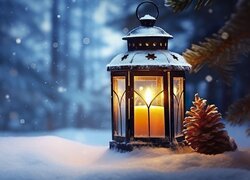 Szyszka obok lampionu z zapaloną świecą na śniegu