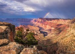 Stany Zjednoczone, Arizona, Kanion, Wielki Kanion Kolorado, Grand Canyon, Park Narodowy Wielkiego Kanionu, Skały, Chmury, Tęcza