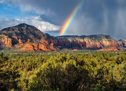 Tęcza, Drzewa, Chmury, Góry, Wilson, Sedona, Arizona, Stany Zjednoczone