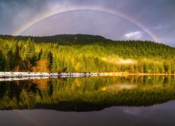 Tęcza nad lasem i jeziorem Trillium Lake