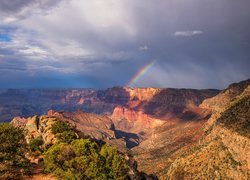 Kanion, Wielki Kanion Kolorado, Grand Canyon, Park Narodowy Wielkiego Kanionu, Skały, Chmury, Tęcza, Drzewa, Arizona, Stany Zjednoczone