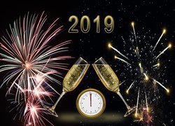 Nowy Rok, 2019, Fajerwerki, Zegar, Północ, Toast, Kieliszki, Szampan
