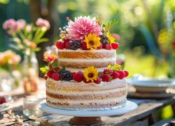 Tort, Owoce, Kwiaty, Ozdoby, Grafika
