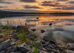 Jezioro, Kamienie, Trawa, Rośliny, Zachód słońca