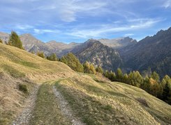 Trawiasta ścieżka na szczycie z widokiem na Alpy Lepontyńskie