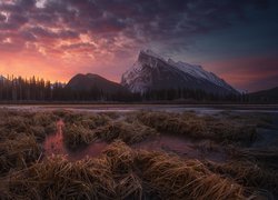 Park Narodowy Banff, Góry, Jezioro, Vermilion Lakes, Drzewa, Zachód słońca, Chmury, Alberta, Kanada