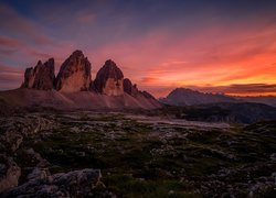 Włochy, Tre Cime di Lavaredo, Góry, Skały, Zachód słońca