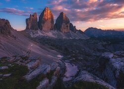 Zachód słońca, Góry, Dolomity, Pasmo górskie, Tre Cime di Lavaredo, Skały, Włochy