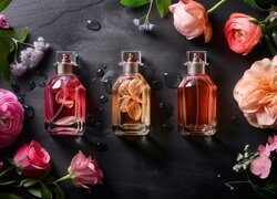 Perfumy, Flakon, Kwiaty, Ciemne, Tło