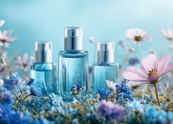 Perfumy, Butelki, Kwiaty, Kompozycja, Grafika