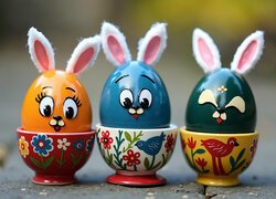 Trzy jajka w kształcie królików na kolorowych podstawkach