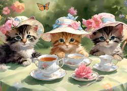 Trzy kotki w kapeluszach przy stole z filiżankami