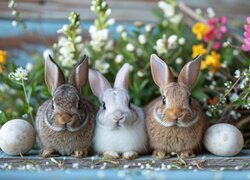 Wielkanoc, Trzy, Króliki, Trzy, Pisanki, Kolorowe, Kwiaty